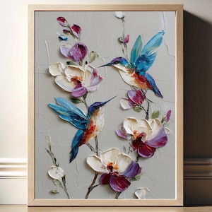 Hummingbird Couple Wall Art, Framed Canvas Bird Print, Impasto Oil Painting with Flowers
