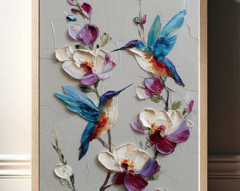 Hummingbird Couple Wall Art, Framed Canvas Bird Print, Impasto Oil Painting with Flowers