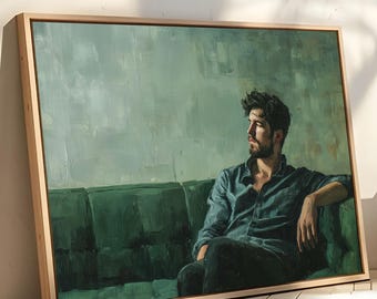 Relaxed Man Wall Art, Framed Canvas Print, Peaceful Figure Oil Painting