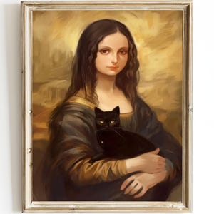 Frau und Katze Art Print - Ruhiges Porträt Ölgemälde - Warmes Braun Gold Wandkunst - Katzenliebhaber Geschenk - Trendy Wandkunst