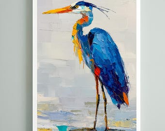 Great Blue Heron Wall Art, Framed Canvas Bird Print, Minimalist Impasto Bird Painting