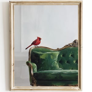 Lámina artística de Cardenal Rojo – Pintura al óleo minimalista de pájaro – Arte mural de sofá de estilo barroco – Póster artístico rojo y verde – Decoración inspirada en la naturaleza