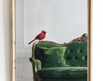 Red Cardinal Art Print – Minimalist Bird Oil Painting – Baroque Style Couch Wall Art – Red Green Fine Art Poster – Nature Inspired Decor