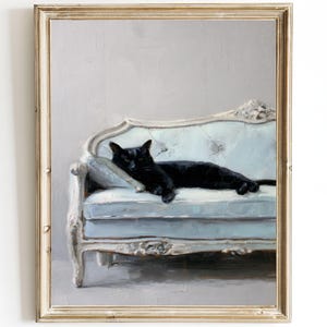 Lámina artística de gato negro relajado - Impresión minimalista de pintura al óleo de gato - Póster o lienzo de bellas artes - Arte mural enmarcado - Regalo acogedor para amantes de los gatos