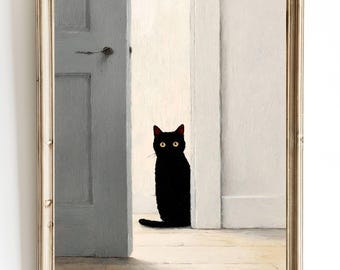 Black Cat Behind Door Art Print – Oil Painting Wall Art – Gray White Minimalist Poster – Framed or Canvas Options – Trendy Home Wall Art