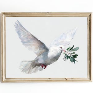 Peace Dove with Olive Branch – Biblical Symbol Oil Painting Print – Minimalist Wall Art – Framed or Canvas Painting – Religious Peace Poster