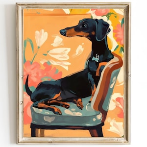 Impresión de perro salchicha en silla estilo imperio – Pintura al óleo de perro negro – Arte mural minimalista – Impresión artística – Regalo para amantes de las mascotas – Póster con retrato de perro