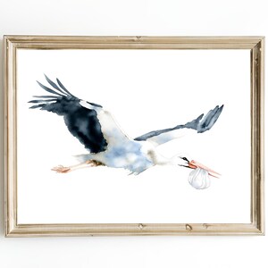 Aquarell Storch mit Baby Druck - Minimalistisches Kinderzimmer Wandbild - Geschenk zur Geburt - Gerahmt oder Leinwand Gemälde - Baby Zimmer Dekor
