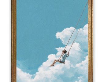 Boy on Swing Watercolor Print – Whimsical Sky and Clouds Wall Art – Childhood Nostalgia Painting – Nursery Decor – Aerial Fine Art Poster