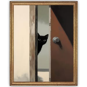 黒猫のアートプリント - 玄関に好奇心旺盛な猫 - 心地よい油絵ウォールアート - 猫好きへのギフト - 複数のサイズで印刷可能なファインアートプリント