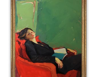 Relaxing Woman Art Print – Girl with Book Poster – Cozy Green Red Oil Painting – Reading Lover Wall Art – Fine Art Poster in Multiple Sizes