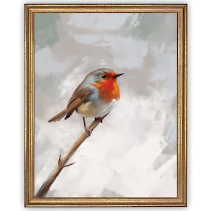 Impresión artística de petirrojo europeo en una rama. Pintura al óleo acogedora para pared. Decoración rústica estilo cottagecore. Póster de bellas artes.