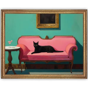 Lámina artística de gato negro: Gato en un sofá rosa con martini. Acogedora pintura al óleo para pared. Regalo para amantes de los gatos. Decoración verde para el hogar. Póster de bellas artes.
