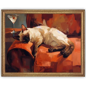 Lámina artística de gato siamés: Gato durmiendo con un martini. Pintura al óleo relajante y acogedora para pared. Regalo para amantes de los gatos. Póster de bellas artes.