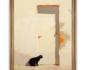 Black Cat Art Print – Curious Kitten Oil Painting, Beige Wall Decor