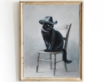 Black Cat Art Print: Cowboy Oil Painting, Framed or Canvas Options