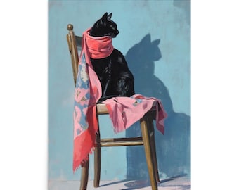 Black Cat Pink Scarf Oil Painting Print, Cozy Feline Wall Art