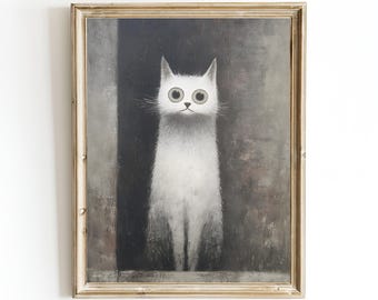 Ghost Cat Art Print – Funny White Cat Poster – Halloween Oil Painting – Framed or Canvas Options