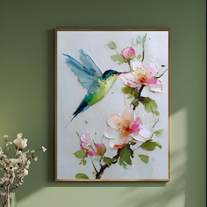 Hummingbird and Flowers Art Print - Mid Century Retro Wall Decor, Canvas or Framed Poster