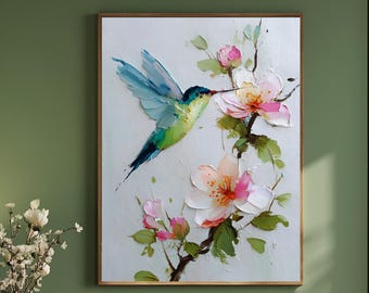 Hummingbird and Flowers Art Print - Mid Century Retro Wall Decor, Canvas or Framed Poster