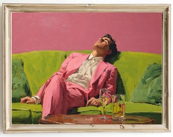 Man in Pink Suit Art Print – Relaxed Portrait with Martini – Mid Century Oil Painting Wall Art – Bar Cart Decor – Framed or Canvas Options
