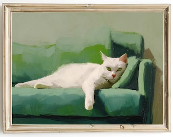 White Cat on Green Couch Art Print: Mid-Century Feline Oil Painting