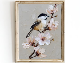 Spring Sparrow Wall Art, Framed Canvas Bird Print, Floral Oil Painting Décor
