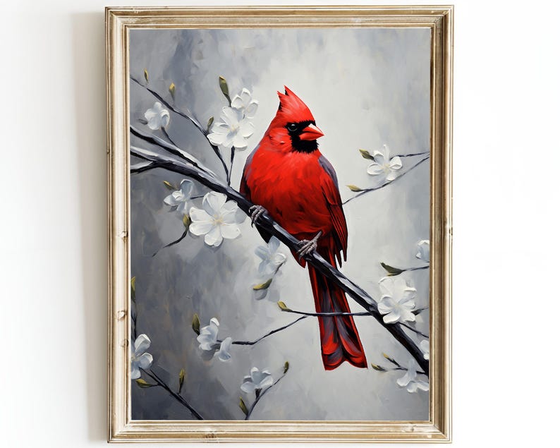 May include: A framed painting of a vibrant red cardinal bird perched on a branch with white blossoms. The artwork features a textured, impressionistic style with a gray and white background.
