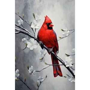 Red Cardinal Wall Art on Magnolia Branch, Framed Canvas Bird Print, Vertical Nature Décor