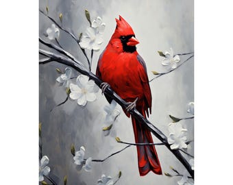 Red Cardinal Wall Art on Magnolia Branch, Framed Canvas Bird Print, Vertical Nature Décor