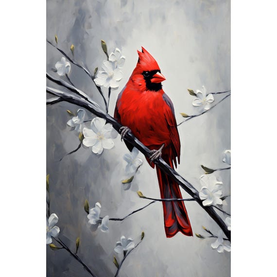 Red Cardinal Wall Art on Magnolia Branch, Framed Canvas Bird Print, Vertical Nature Décor