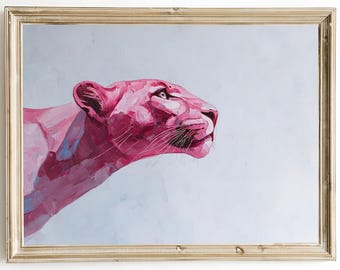 Pink Panther Art Print – Big Cat Oil Painting – Elegant Jungle Animal Wall Art – Feminine Wall Decor – Framed or Canvas Options