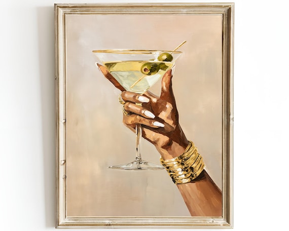 Martini Art Print – Stylish Black Woman’s Hand Holding Cocktail – Mid Century Oil Painting Art – Modern Bar Decor – Framed or Canvas Options