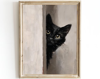 Black Kitten Wall Art, Framed Canvas Print, Curious Cat Behind Door Painting