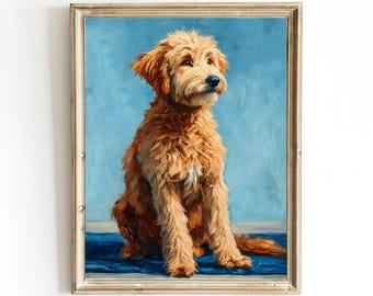 May include: A framed oil painting of a golden doodle dog sitting and looking to the side. The dog has fluffy, light brown fur and is set against a blue background. The painting is in a gold frame.