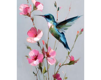 Hummingbird and Pink Blossoms Wall Art, Calm Nature Oil Painting Print