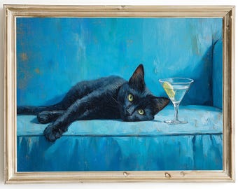 Cozy Black Cat Wall Art, Framed Canvas Print, Blue Sofa Cat Oil Painting Décor