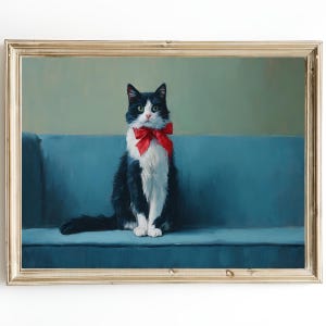 Cat with Red Bow Tie – Black Cat Wall Art – Mid Century Oil Painting – Fine Art Print Gift – Framed or Canvas Options