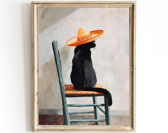 Black Cat in Sombrero – Retro Oil Painting Print – Mid Century Style Wall Art – Funny Cat Poster or Framed Canvas – Trendy Home Decor