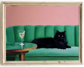 Black Cat on Green Couch Art Print: Mid-Century Retro Style