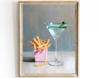 Martini and French Fries Kitchen Art – Whimsical Food and Drink Print – Oil Painting Wall Art – Retro Bar Decor – Framed or Canvas Print