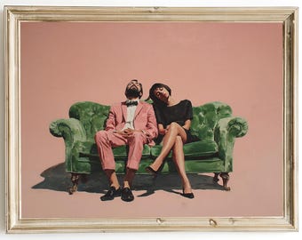 Mid Century Couple Art Print: Retro Romance, Green Couch