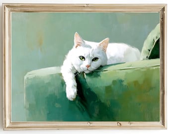 White Cat on Green Couch – Relaxing Cat Art Print – Whimsical Oil Painting – Cat Lover Gift – Horizontal Framed or Canvas Wall Art