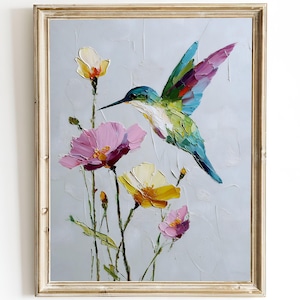 Colorful Hummingbird Art Print – Impasto Oil Painting Wall Art – Floral Bird Poster – Bold Brushstrokes – Framed or Canvas Print