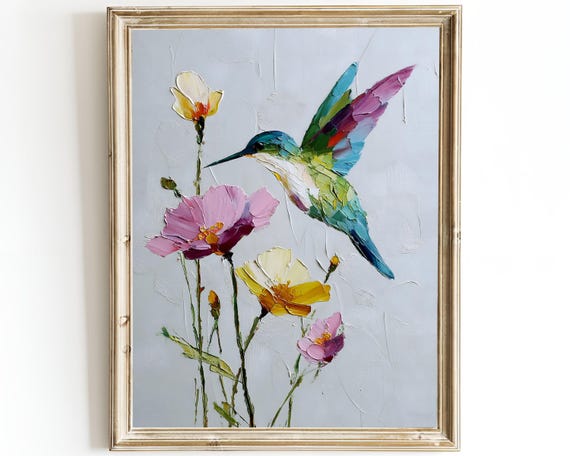 Colorful Hummingbird Art Print – Impasto Oil Painting Wall Art – Floral Bird Poster – Bold Brushstrokes – Framed or Canvas Print