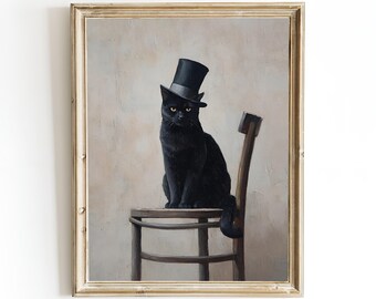 Black Cat in Top Hat Art Print: Retro Mid-Century Whimsical Decor