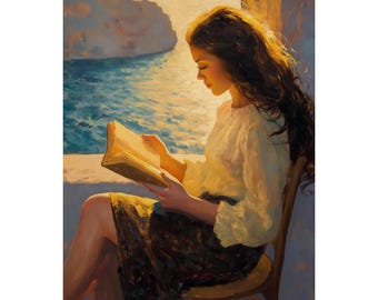 Reading Woman Wall Art, Cozy Morning Ocean View Print, Framed Canvas Artwork