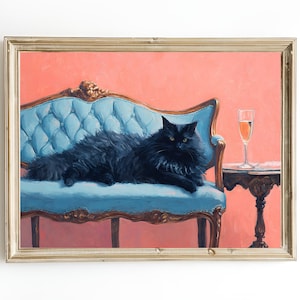荘厳な黒猫のアートプリント – バロックソファの油絵 – マティーニを持つ猫のウォールアート – 堂々とした黒猫のポスター – 額入りまたはキャンバスプリント