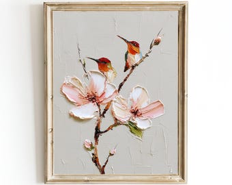 Pink Hummingbird Pair Wall Art, Framed Canvas Bird Painting, Romantic Floral Décor