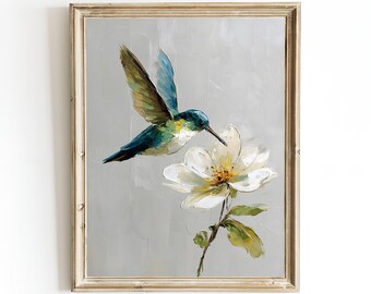 Hummingbird and White Flower Wall Art - Calm Oil Painting Print